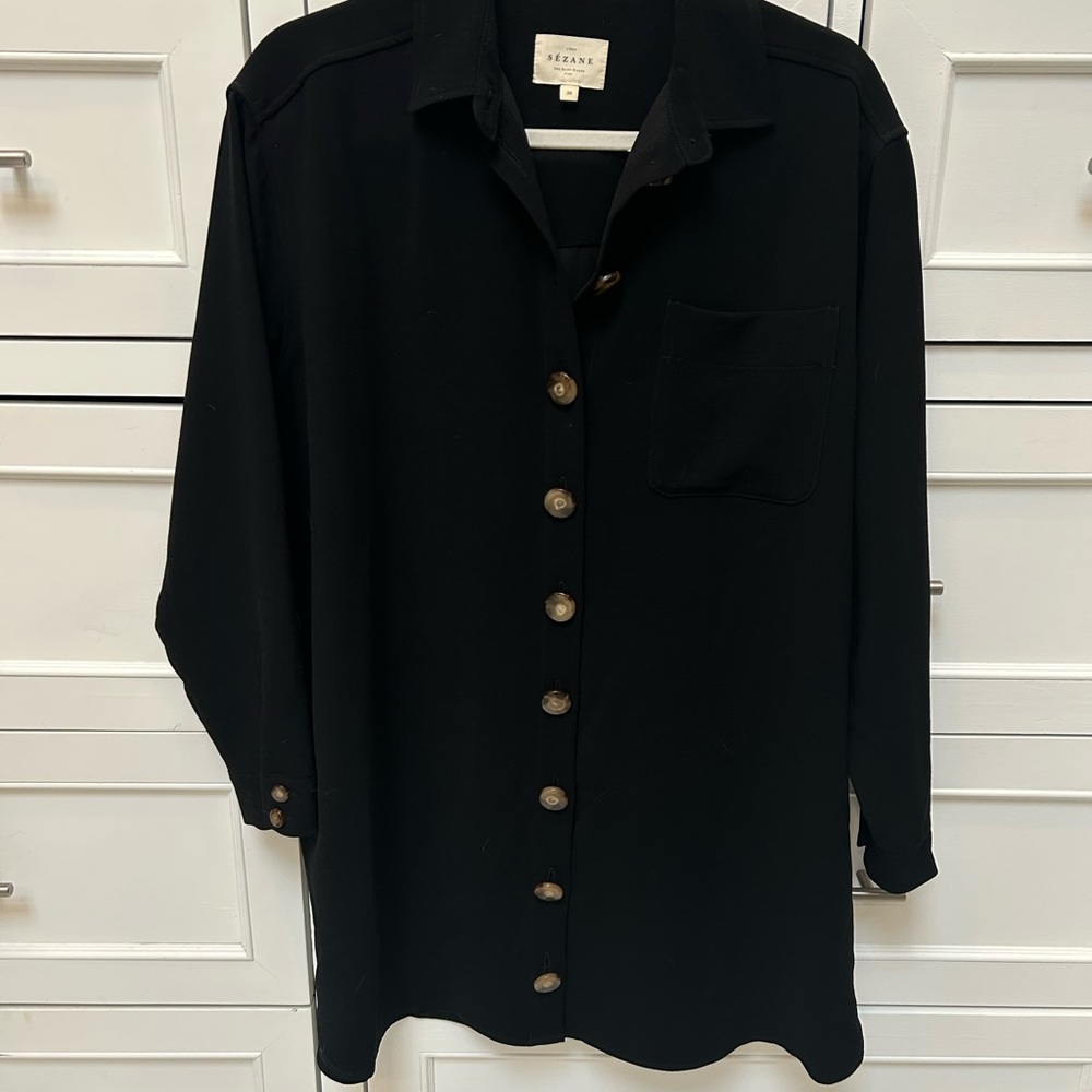 Sezane Black Long Sleeve Button-Down Dress